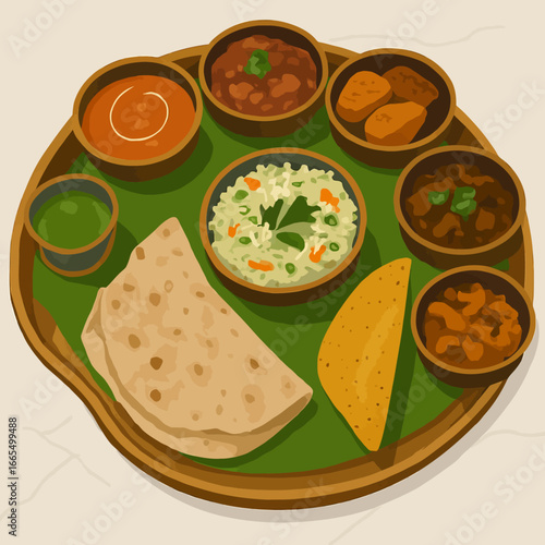 Delicious thali meal with variety of Indian curries and breads perfect for food blog or restaurant website showcases rich cultural cuisine