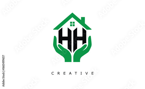 HH Home Care Logo - Green House and Hand Symbol for Real Estate, Eco Housing & Modern Branding