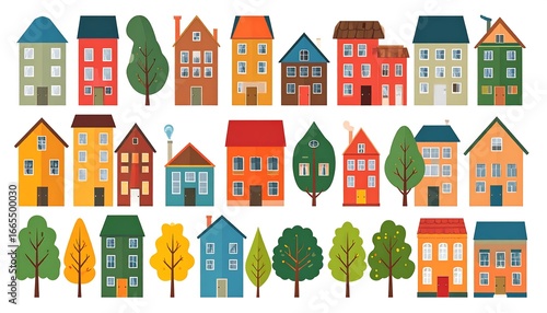 Colorful collection of cartoon houses and trees