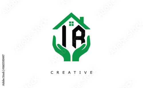 IR Home Care Logo - Green House and Hand Symbol for Real Estate, Eco Housing & Modern Branding