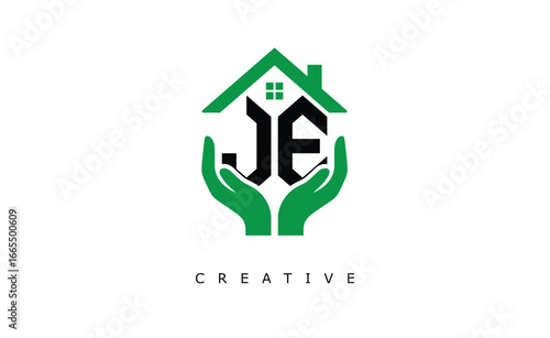 JE Home Care Logo - Green House and Hand Symbol for Real Estate, Eco Housing & Modern Branding