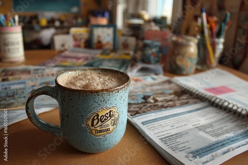 A close-up of a teachera??s desk with a cup of coffee, graded papers, and a 
