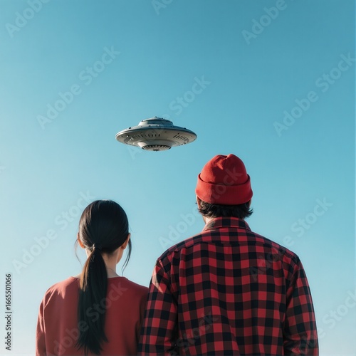 Two individuals observe a flying saucer against a clear blue sky.