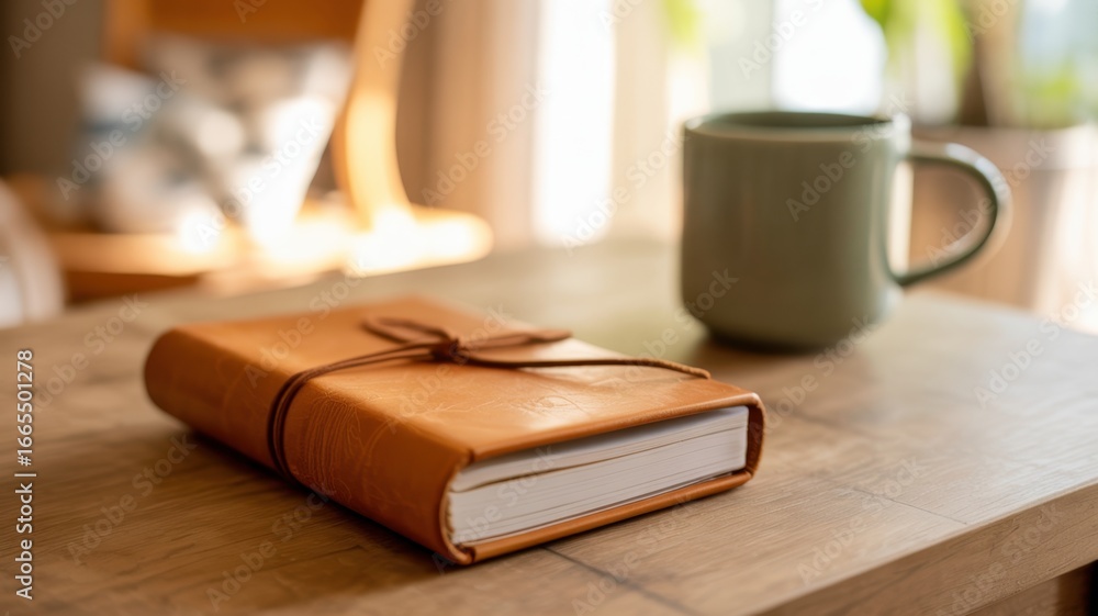 Fototapeta premium A leather bound journal and a mug of coffee sitting on a wooden table, perfect for capturing thoughts and ideas in a cozy and inviting setting