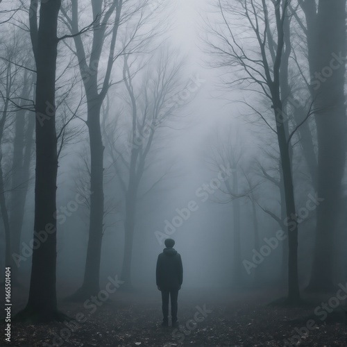 A solitary figure stands on a misty forest path, surrounded by tall, bare trees in a serene, foggy atmosphere.