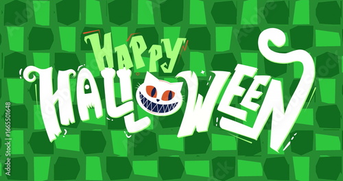 Image of happy halloween text over scary cat's face on green background