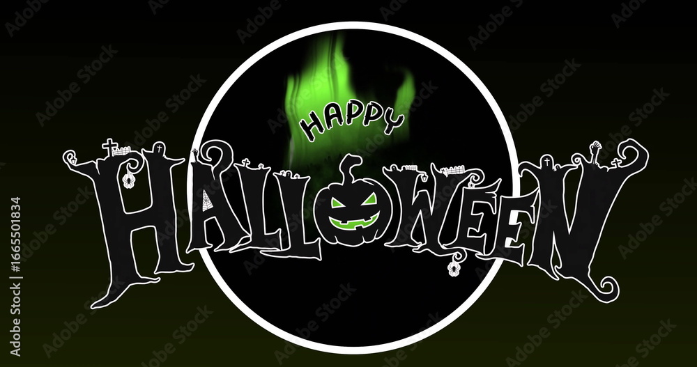 Fototapeta premium Happy Halloween text with green flames and geometric shapes in background image
