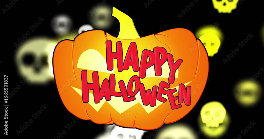 Fototapeta premium Glowing pumpkin with Happy Halloween text image over floating skulls