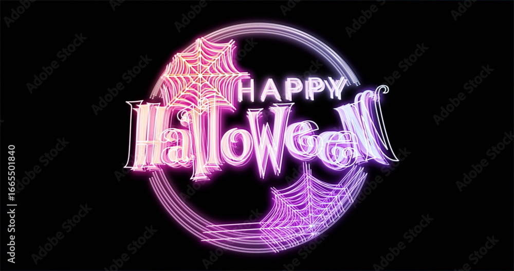 Obraz premium Happy Halloween text with neon spider webs in circular image