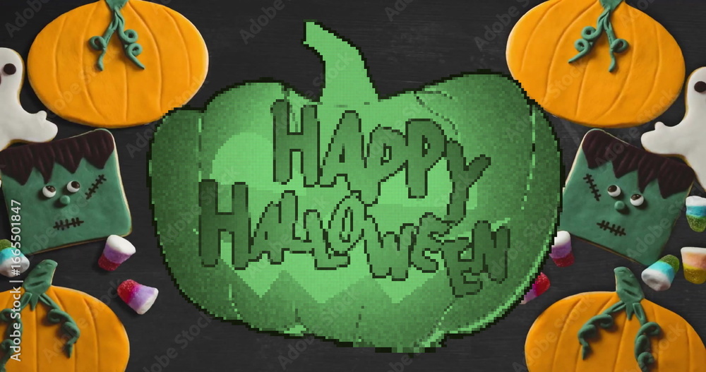 Fototapeta premium Pixelated green pumpkin image with Halloween candies and decorations