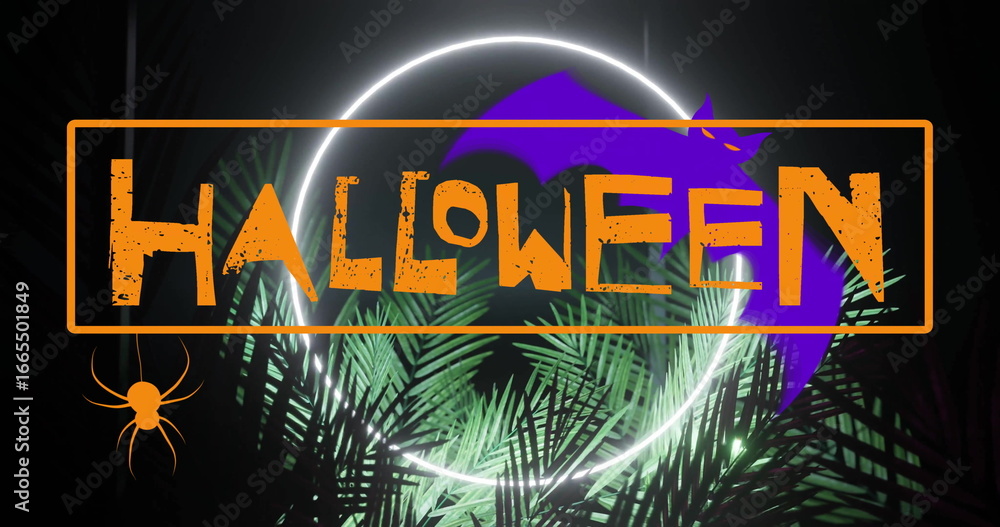 Fototapeta premium Image of happy halloween text over plants and bats on black background
