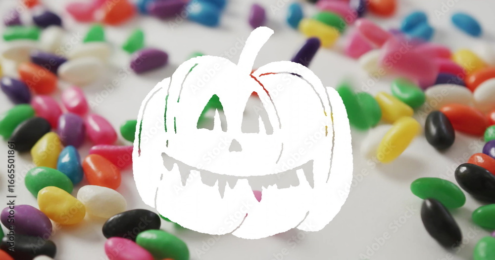 Fototapeta premium Jack-o-lantern image over colorful jelly beans scattered on white background