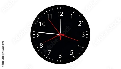 A black clock face with white numbers and red hands, set against a plain white background, displays a precise time.