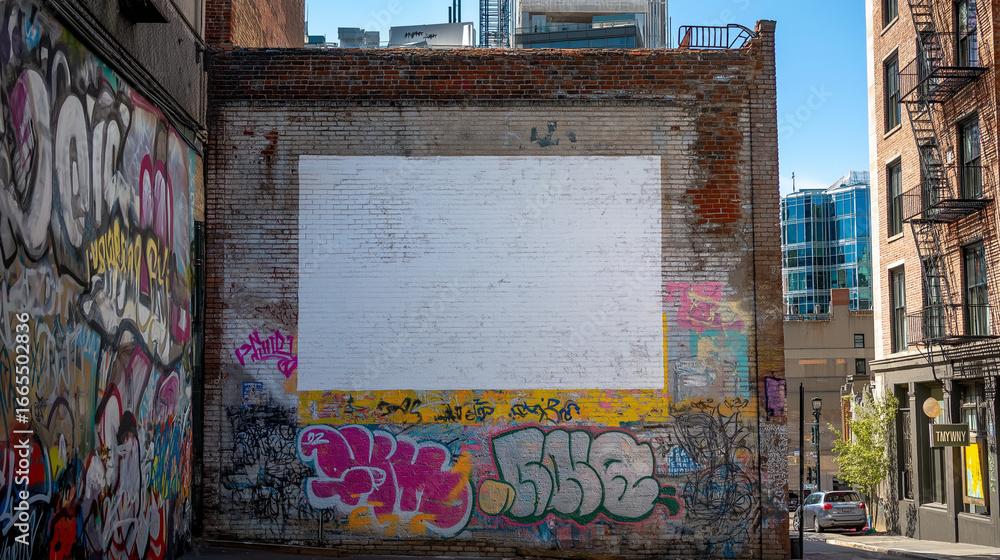 Naklejka premium Urban building with colorful graffiti art in a narrow alley. Ideal for urban culture blogs, background designs, and street art themes.