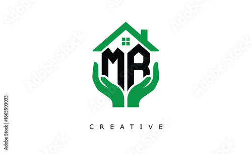 MR Home Care Logo - Green House and Hand Symbol for Real Estate, Eco Housing & Modern Branding