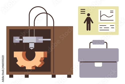 3D printer creating a gear model next to a business briefcase and an analytics chart with graphs. Ideal for innovation, technology, manufacturing, business, engineering, analysis, education. Simple