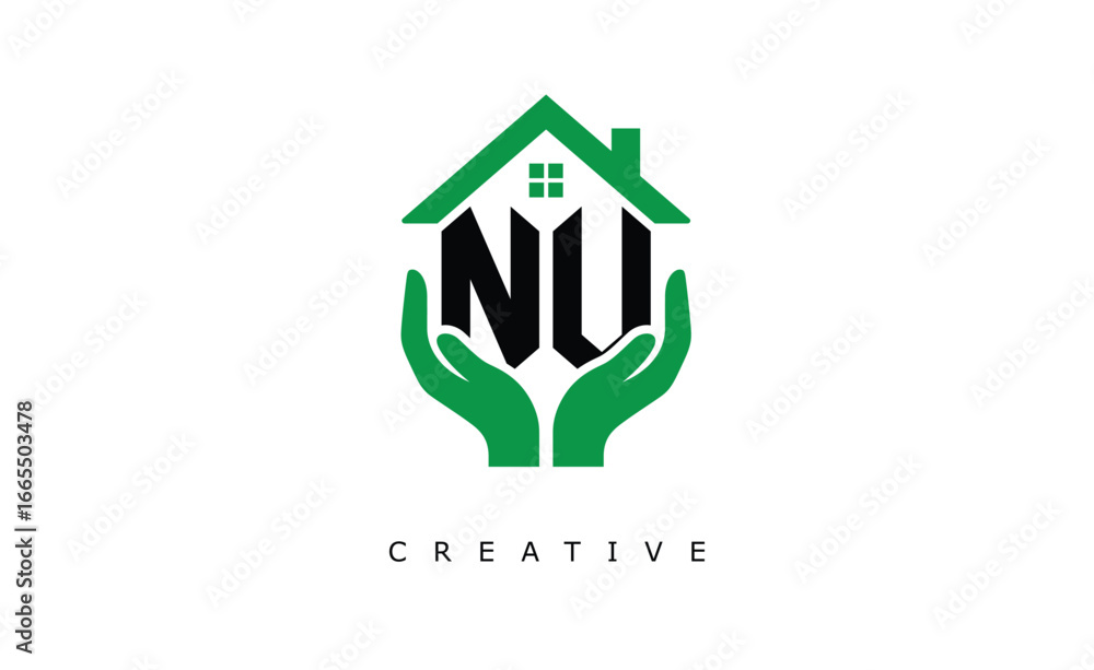 Fototapeta premium NU Home Care Logo - Green House and Hand Symbol for Real Estate, Eco Housing & Modern Branding