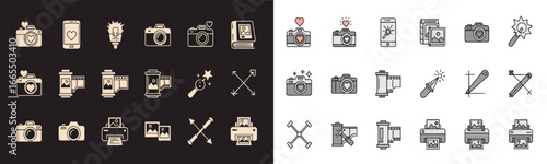 A collection of modern thin line icons representing various photography and digital imaging concepts, including camera equipment and photo editing tools
