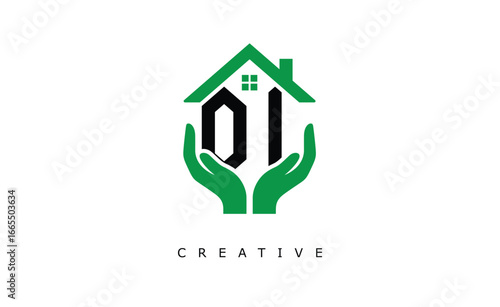 OI Home Care Logo - Green House and Hand Symbol for Real Estate, Eco Housing & Modern Branding