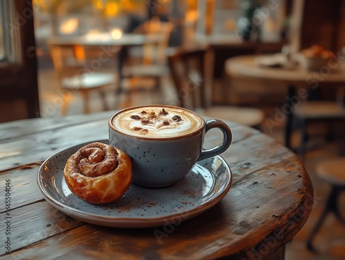 Swedish fika coffee with cinnamon bun on wooden table in cozy home