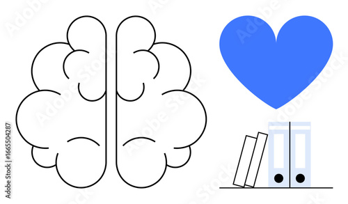 Brain, heart, and books representing intellect, emotional well-being, and learning. Ideal for education, self-improvement, knowledge sharing, emotional health mental clarity balance and simple