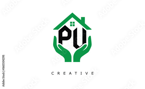 PU Home Care Logo - Green House and Hand Symbol for Real Estate, Eco Housing & Modern Branding