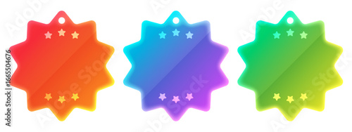 Collection set of 3D shiny glossy blank empty price tag with modern gradient in star shape transparent isolated png