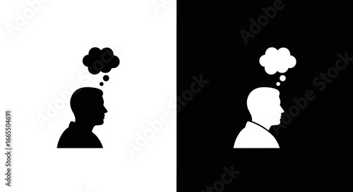 A person thinking with a thought bubble, a black and white icon representing contemplation, brainstorming, and introspection.