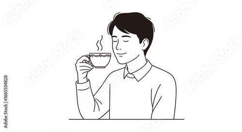A hand-drawn style illustration of a young man enjoying a cup of coffee, representing a relaxing break and calm moment.