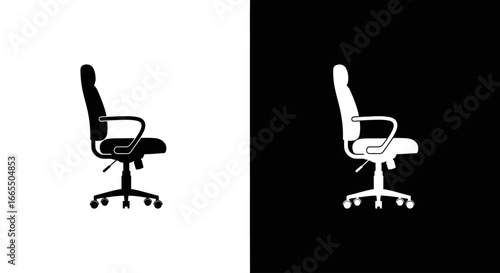 An ergonomic office chair with wheels in a black and white split icon, symbolizing a modern workspace and comfortable seating.