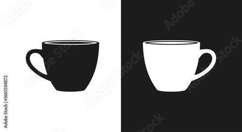An outline style coffee cup in a black and white split icon, a clean and modern design for a cafe or breakroom sign.