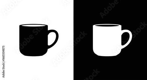 A simple coffee mug or cup in a black and white split icon, symbolizing coffee breaks, beverages, and office kitchen essentials.