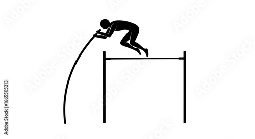 Minimalist vector illustration of a high jumper in mid-air during a pole vault — dynamic athletic silhouette for sports, fitness, and Olympic event design in clean, modern style.