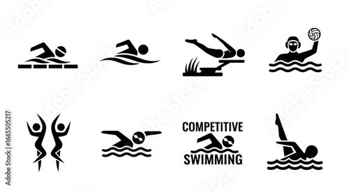 Vector set of competitive swimming icons — freestyle, backstroke, butterfly, breaststroke, and diving silhouettes for sports, fitness, aquatic events, and Olympic branding in minimalist design.