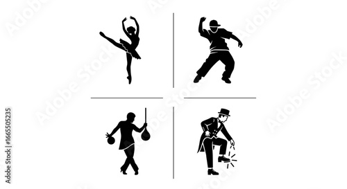 Set of four minimalist vector silhouettes depicting ballet, boxing, fencing, and martial arts — dynamic human figures for sports, fitness, performance, and art design in clean icon style.