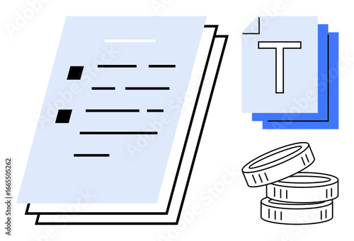 Stacked financial documents with coins and typography blocks in blue accents. Ideal for finance, budgeting, accounting, contracts, invoicing, savings, consultancy, simple landing page