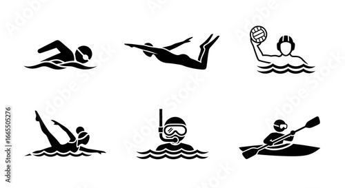 Set of 6 Water Sports Icons in Black Silhouette – Swimming, Diving, Tennis in Water, Kayaking, Snorkeling, and Water Polo – Vector EPS Design for Web, Apps, and Print – Minimalist Sport Symbol Collect