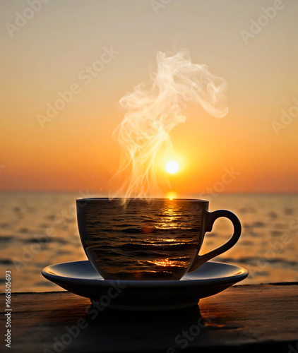 Cup of wonderful morning tea. Glass tea cup with optical reconstruction of seascape. 