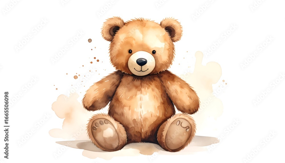 Obraz premium A charming, cartoonish teddy bear, depicted in warm, brown hues, sits amidst soft, watercolor-style splashes, creating a delightful and comforting scene.