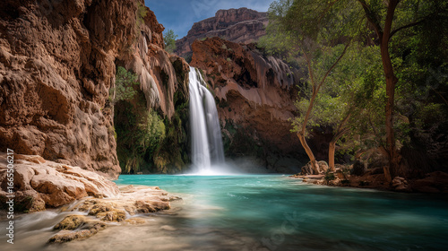Havasu Falls long exposure shot, silky water flow, vibrant turquoise pool