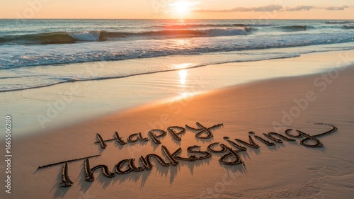 Fototapeta Naklejka Na Ścianę i Meble -  The words happy thanksgiving are written in the sand on a beach at sunset, a warm and inviting holiday greeting