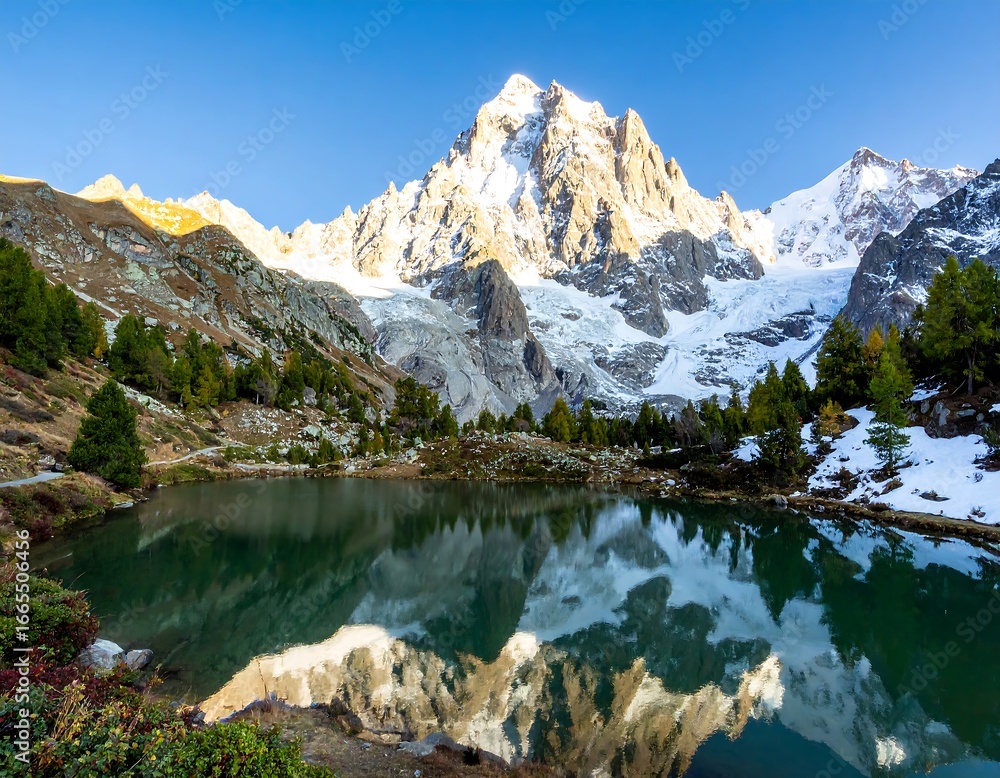 Naklejka premium Majestic alpine lake reflecting a snow-capped peak
