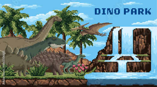 8bit pixel art dino park landscape for game with prehistoric dinosaurs, vector background. Dino park or Jurassic era landscape with 8 bit pixel prehistoric dinosaurs, lizard or reptile and pterodactyl