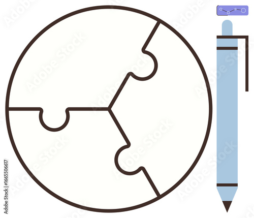Circular puzzle with joined pieces next to pen, symbolizing creativity, collaboration, strategy, idea generation, problem solving, teamwork, and intellectual pursuits. Ideal for simple flat metaphor