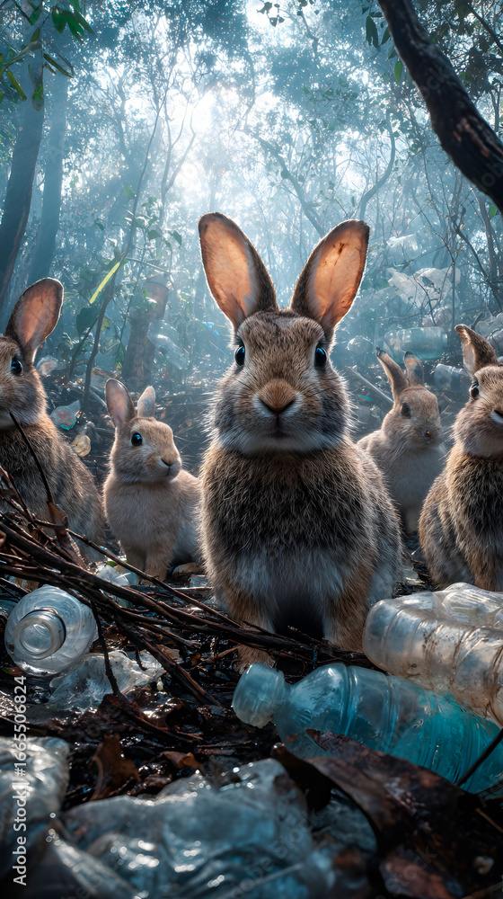 Fototapeta premium Rabbits in a field with plastic trash