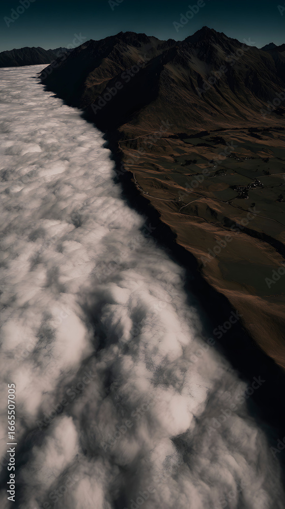 Fototapeta premium Mountain range with clouds filling a valley.