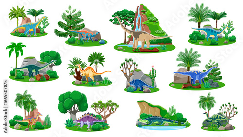 Jurassic dinosaurs and dino animals cartoon characters. Cute prehistoric animals vector personages at jungle nature landscape with mountains and trees. Prehistoric iguanodon and sarcosuchus dinosaurs