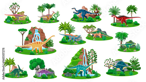 Cartoon dinosaurs and dino animals characters with prehistoric mountains, waterfall and jungle trees. Cute jurassic dinosaurs vector personages at prehistoric nature landscape scenes set
