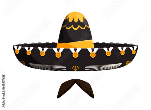 Mexican sombrero or mariachi hat with cartoon mustaches for Mexico fiesta, vector icon. Mexican symbol of traditional sombrero hat with mustaches and Latin ornament for Mexico culture and tradition
