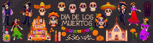 Day of the dead holiday characters, dia de los Mexican personages. Festive set celebrating death with dancing skeletons, sugar skulls, marigolds, candles, ofrendas, papel picado and traditional attire